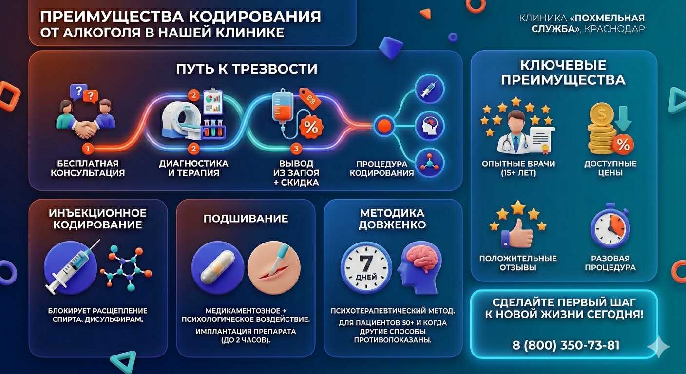 Инфографика о методах кодирования от алкоголя в Малоярославеце: инъекции, подшивание, метод Довженко. Преимущества клиники и этапы лечения.